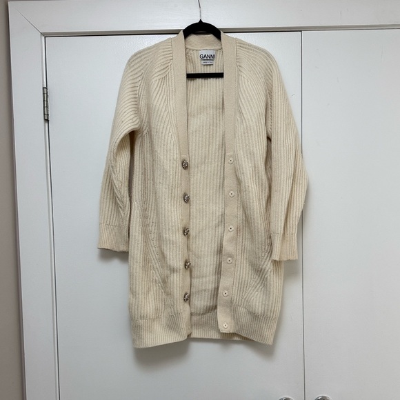 Ganni Cream Ribbed Long Cardigan with Button Front